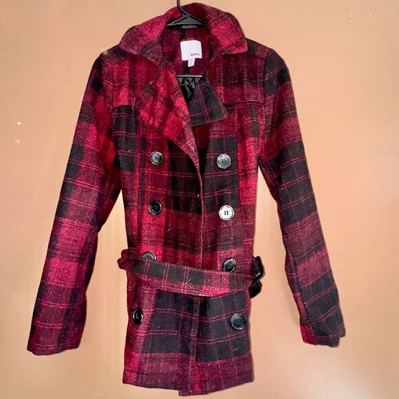 Bongo Women's Double Breasted Red Plaid Button Pea Coat - Size Small - Picture 4 of 10